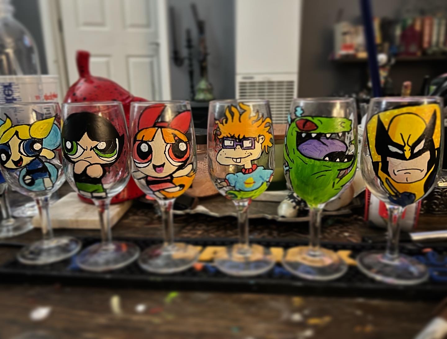 Hand-painted Powerpuff Girls and cartoon character wine glasses for the Downtown Reno Wine Walk