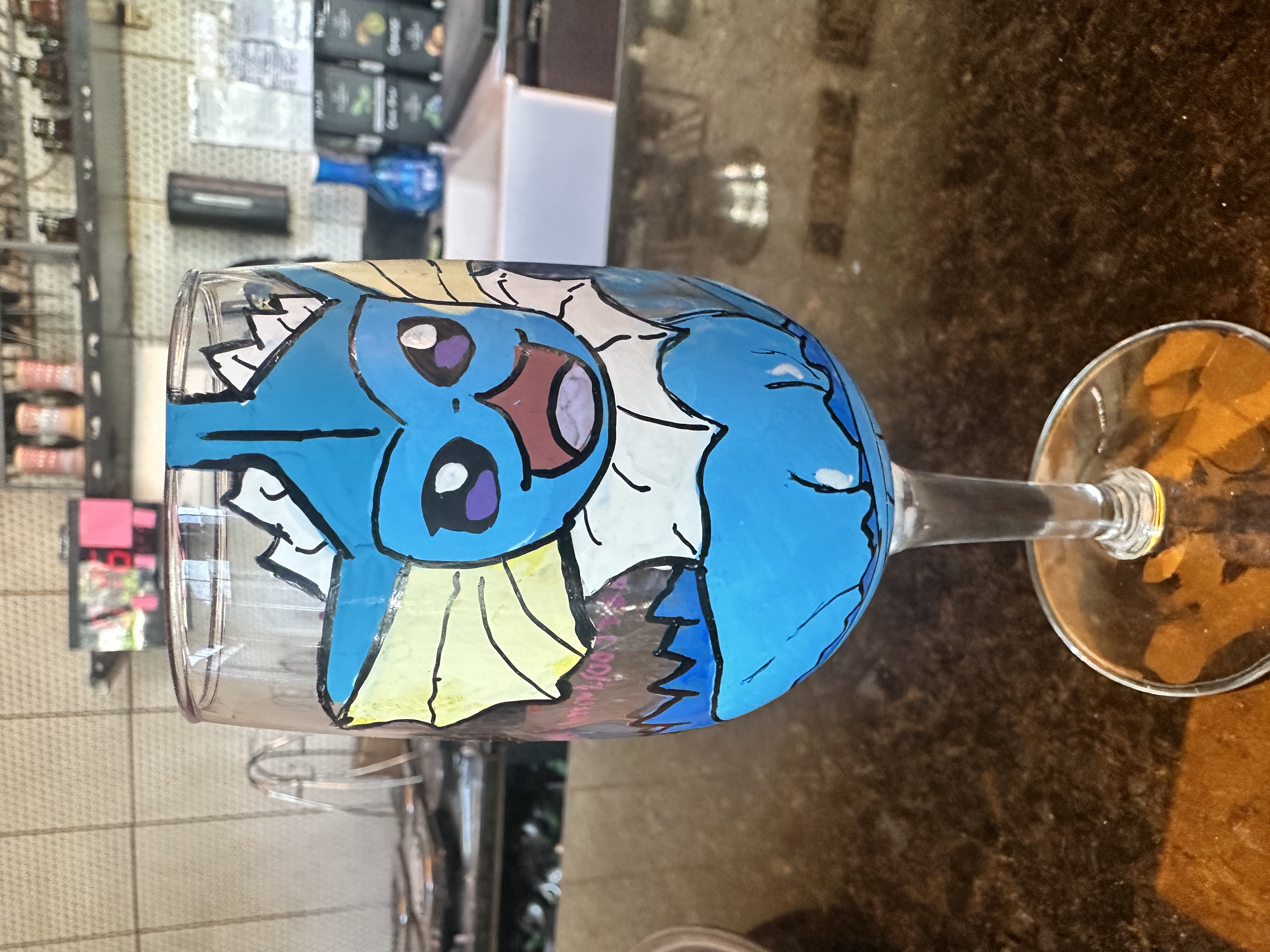 Hand-painted Mudkip Pokémon wine glass at Hookava bar